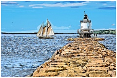 Sailing Ship Passes Spring Point Ledge Light - Digital Painting